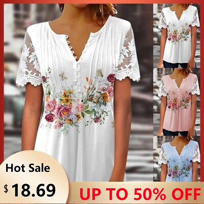 #ad Women V Neck Floral Printed T Shirt Ladies Summer Casual Short Sleeve Blouse Top $18.69