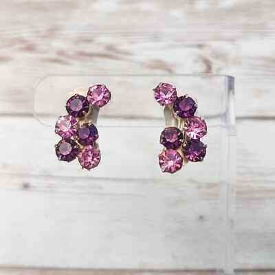 #ad Vintage Clip On Earrings 1quot; Pink amp; Purple Gems Statement $15.99