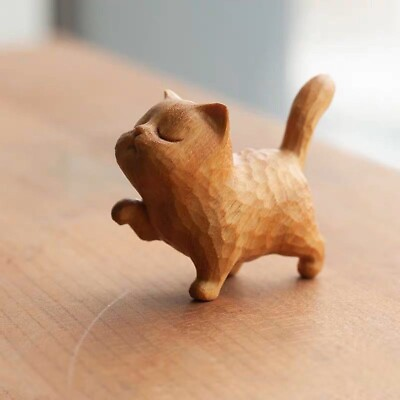 #ad A tsundere cat Wooden Statue animal Carving Wood Figure Decor Children Gift $11.95