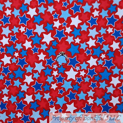 #ad BonEful Fabric Cotton Quilt Red White Blue STAR Stripe Patriotic USA SCRAP $2.09