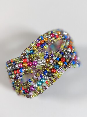 #ad Colorful Metallic and Glass Bead Braided Wide Open Cuff Bracelet 7 inches $5.59