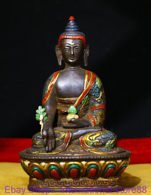 #ad 7.2quot; Rare Old Tibetan Copper Painting Seat Menla Medicine Buddha Sculpture $294.99