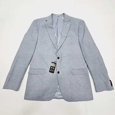 #ad Alfani Men#x27;s 42L Slim Fit Seersucker Check Blue White Sport Coat Blazer Jacket $54.99