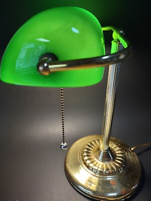 #ad Vtg Green Glass Desk Lamp Banker Light 12quot; has Heavy PATINA Academia Office $36.49