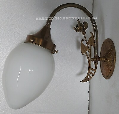 #ad Antique Vintage Art Nouveau Fixture Brass amp; Milk Shade Wall Sconces Light Lamp $395.00