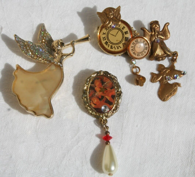 #ad vtg angels clock pins victorian steampunk brooches gold tone $14.95