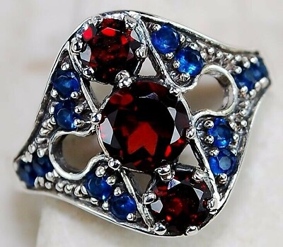 #ad Natural 2CT Fire Garnet amp; Sapphire 925 Solid Sterling Silver Ring Sz 678 FM2 $36.99