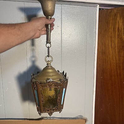 #ad #ad Vintage Slag Glass Octagonal Ceiling Light Fixture Antique Hanging Lamp Gorgeous $129.97
