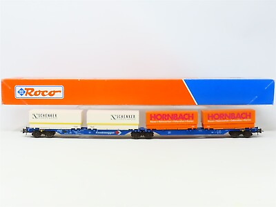 #ad HO Scale Roco 47100 DB Kombiwaggon Articulated Flat Cars w Covered Containers $79.95