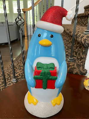#ad Blue Penguin Blow Mold Christmas Light Up Decor Glitter Table Top 13” $40.00