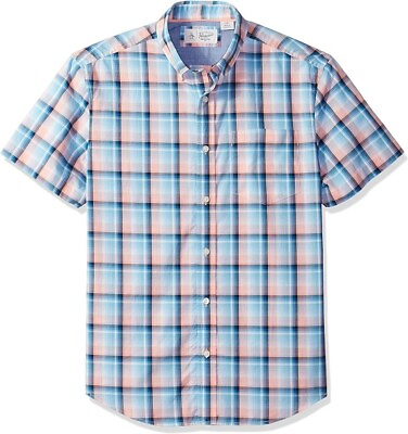 #ad Original Penguin Polo Button Up Shirt Plaid Blue Peach Amber Men#x27;s Small $39.95