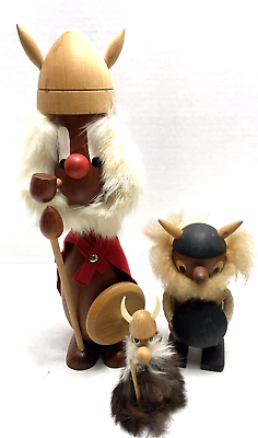 #ad Vintage Mid Century Danish Viking Figurine Teak Wood Set of 3 $98.99