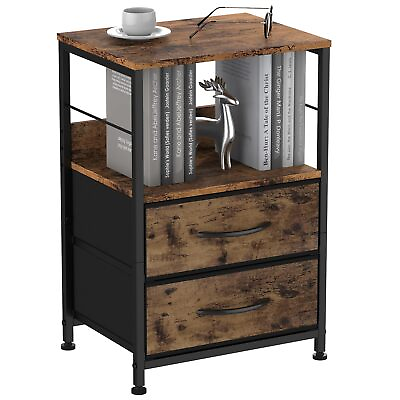 #ad Nightstand Bedroom End Table with 2 Drawers and Open Shelf Wood Industrial Be... $48.56