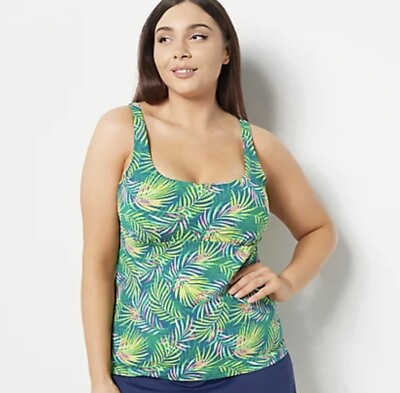 #ad Lands End NEW 22W Teal Palms Print Tankini Swim Tank Top Padded Cups Square Neck $27.99