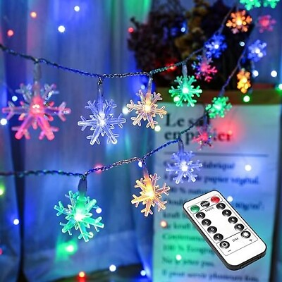 #ad Colored Snowflake Lights 40 LED 16.08ft Snow Flake Christmas Lights with Remote $19.31