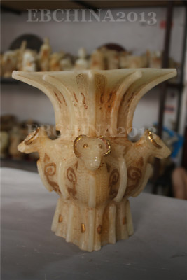 #ad 8.4quot; Chinese Old White Jade Hand carved 4 Sheep Head Cup Zun Bottle Pot Jar Jug $263.50
