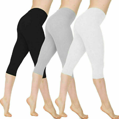 #ad Womens Stretch Cotton Leggings Gym Yoga Fitness Casual Sport Capri Pants Running GBP 6.50