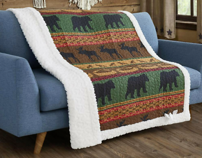 #ad BEAR CANOE MOOSE LODGE PRESERVE QUILTED SHERPA SOFT THROW BLANKET 50x60 INCH $39.95