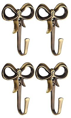 #ad HEAVY BOW ANTIQUE BRASS MULTIPURPOSE WALL WOODEN MOUNTED HOOK HANGER SET OF 4 $89.10