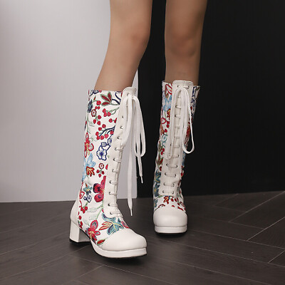 #ad Fashion Printing Riding Boots Women#x27;s Chunky Heels Lace Up Mid Calf Boots Biker $80.41