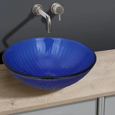 #ad Glass Vessel Sink Bathroom Tempered Glass Artistic Round Blue Pop Up Drain $65.99
