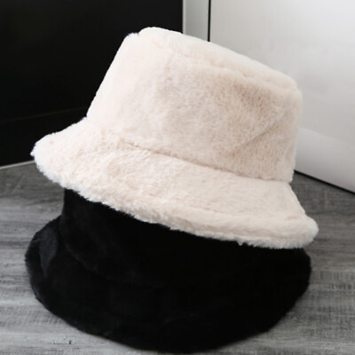 #ad Women Winter Fluffy Plush Bucket Hat Ladies Solid Warm Fur Fisherman Cap HAT C $7.88