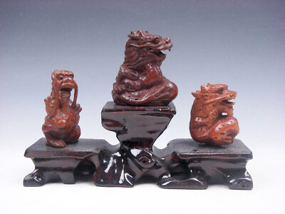 #ad 3 Japanese Boxwood Hand Carved Dragons Netsuke w Wooden Stand #11182001 $99.99