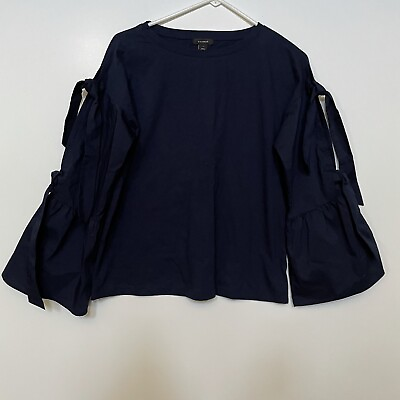 #ad Halogen Womens Blouse Navy Cotton Bow Tie Top Long Bell Sleeve Bell Cuff Sz S $17.89