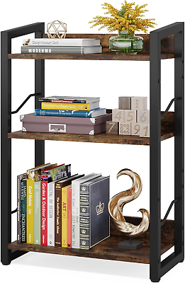 #ad Book Shelf Small Bookshelf: 3 Tier Wood Bookcase Industrial Bookshelf with Edge $50.88