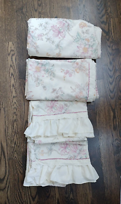 #ad VTG Lady Pepperell QUEEN 4pc Sheet Set Floral Ruffle Eyelet Trim READ DESCRIPTIO $15.87