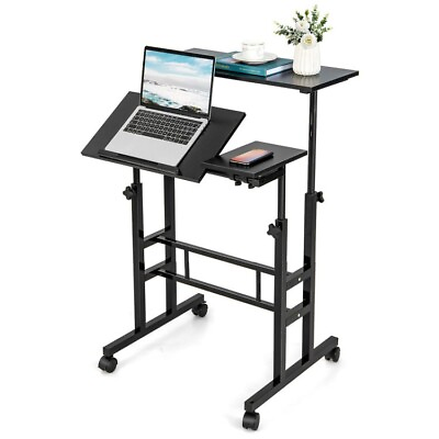 #ad Rolling Laptop Desk Adjustable Office Computer Table Mobile Stand up Workstation $68.84