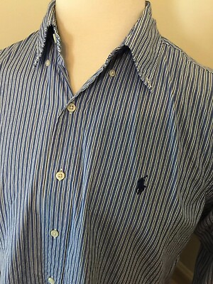 #ad Men#x27;s Large Ralph Lauren Custom Fit Shirt Button Oxford Blue Stripe Long Sleeve $16.99