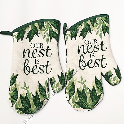 #ad SET of 2 Fabric Printed Kitchen Oven Mitts Mittens Gloves OUR NEST IS BEST $13.59