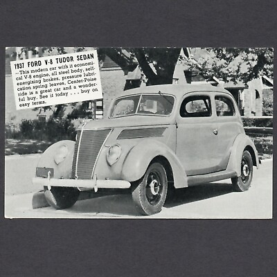 #ad 1937 FORD V 8 TUDOR SEDAN Original Vintage DEALERS SUPPLY Style Postcard UNUSED $6.99