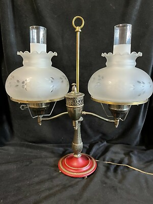 #ad Vintage Double Student Lamp Matching Etched amp; Frosted Shades amp; Chimneys 1950#x27;s $75.00