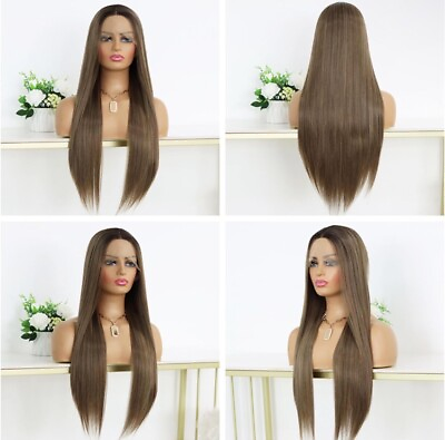 #ad Long Human Hair Blend Lace Front Wig 13x4 Brown Straight Heat Safe Ok Brown Wig $96.58