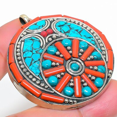 #ad Tibetan Turquoise Red Coral Gemstone Bohemian Gift Nepali Pendant 1.90quot; NP 1700 $11.99