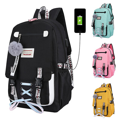 #ad Women Girls USB Port Backpack Laptop Travel Shoulder School Book Bag Rucksack $16.99