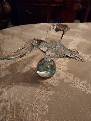 #ad Vintage Clear Glass Eagle Sitting On Globe Art Glass Paperweight Decor BEAUTIFUL $200.00