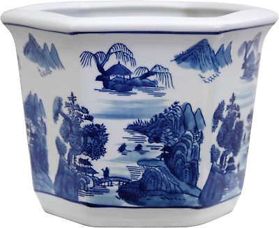 #ad 10″ Landscape Blue amp; White Porcelain Flower Pot $112.99