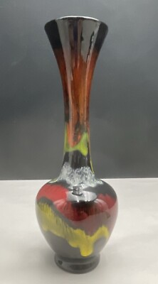 #ad Vintage Pottery Bud Vase Black Yellow Red White Drip Glaze 7.5 “ $11.99