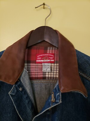 #ad Marlboro Vintage Country Store Denim Jacket Men#x27;s Size Medium Leather Collar $40.00