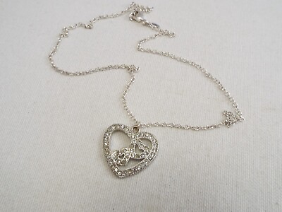 #ad Silvertone Rhinestone Heart Pendant Necklace J10 $3.38