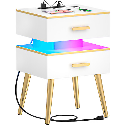 #ad #ad Nightstand with Charging Station LED Bed Side Table with 2 Drawer for Bedroom US $79.19