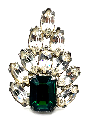 #ad Vintage Brooch w Emerald Green Stone Clear Crystals 2” $29.99