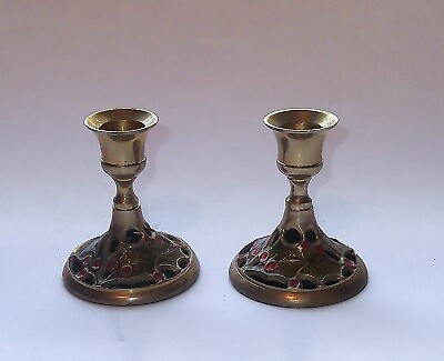 #ad PAIR SOLID BRASS CHRISTMAS HOLLY CANDLESTICKS CANDLE HOLDERS ENGRAVED amp; PAINTED $9.95
