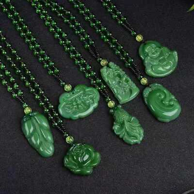#ad Natural Lucky Green Jade Necklace Pendant Hand Carved Amulet Chain Chic Gift $4.43