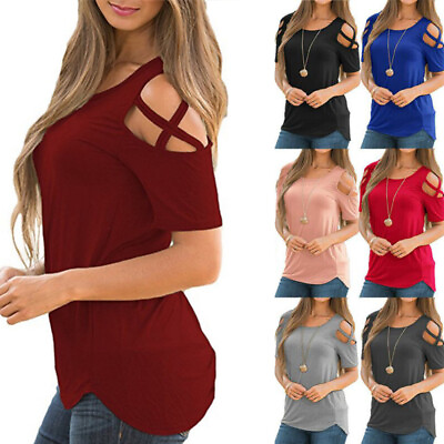 #ad Tops Shirt Blouse Tee Ladies Casual Short Sleeve Summer Shoulder Womens Cold $14.34