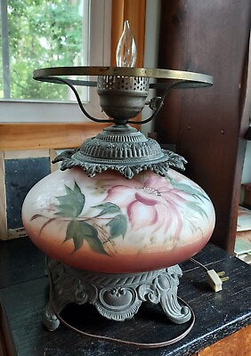 #ad Large Antique Victorian Parlor Electric Oil Lamp Style Hand Painted $72.00