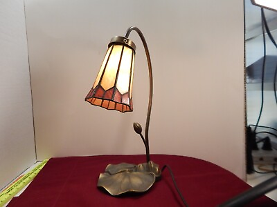 #ad MCM Style Brass Goose Neck LILY PAD Base TABLE LAMP STAINED GLASS Shade 14.5quot; $42.75